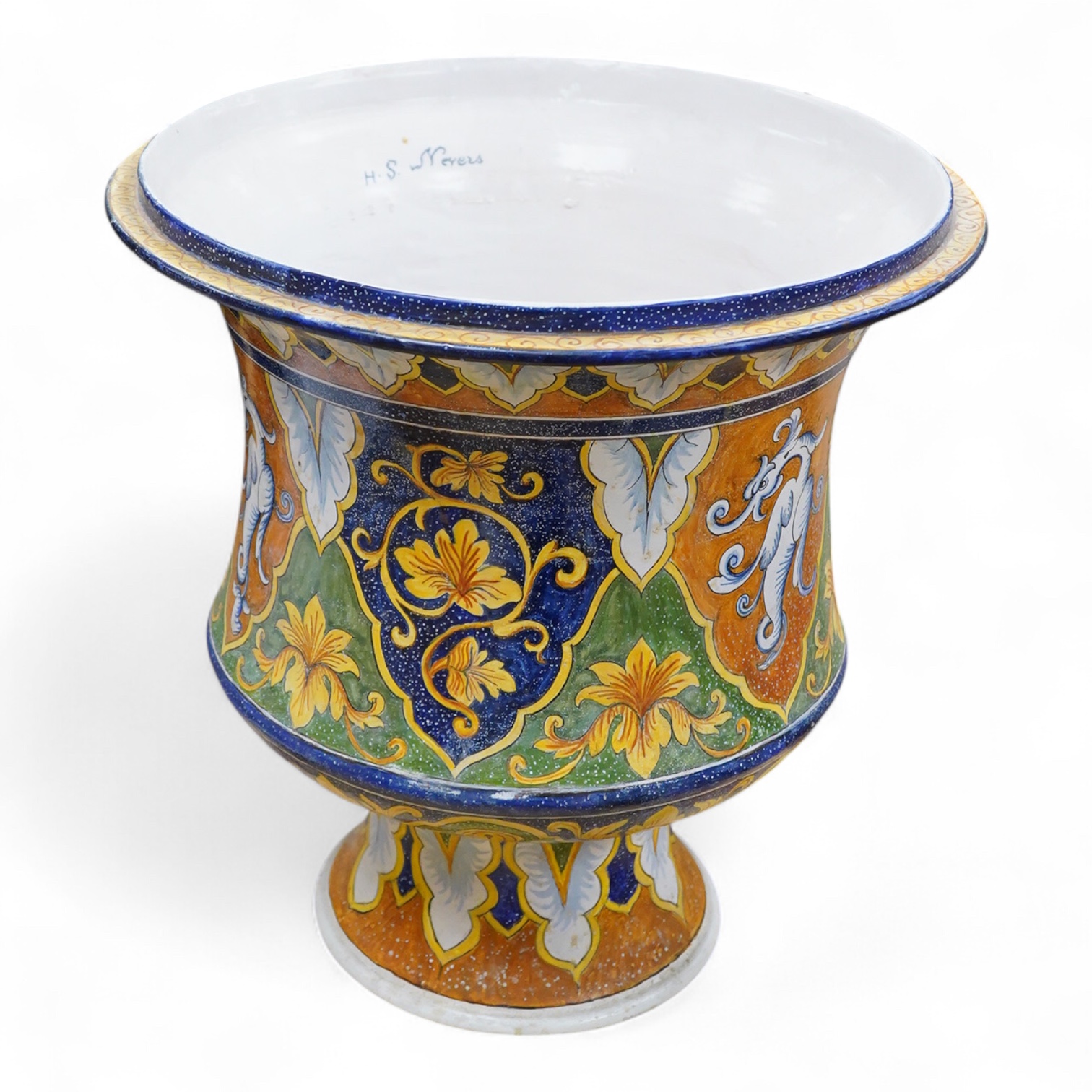 A large ornamental Nevers faience pedestal jardiniere, 50cm high